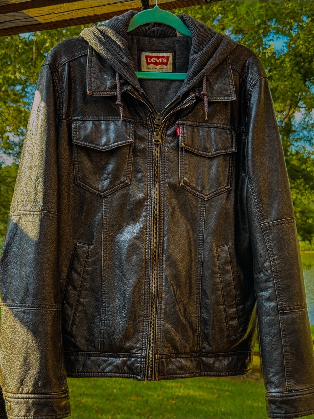 Levi’s Hooded Jacket Men’s Small Brown Faux Leather Polyurethane Moto Trucker